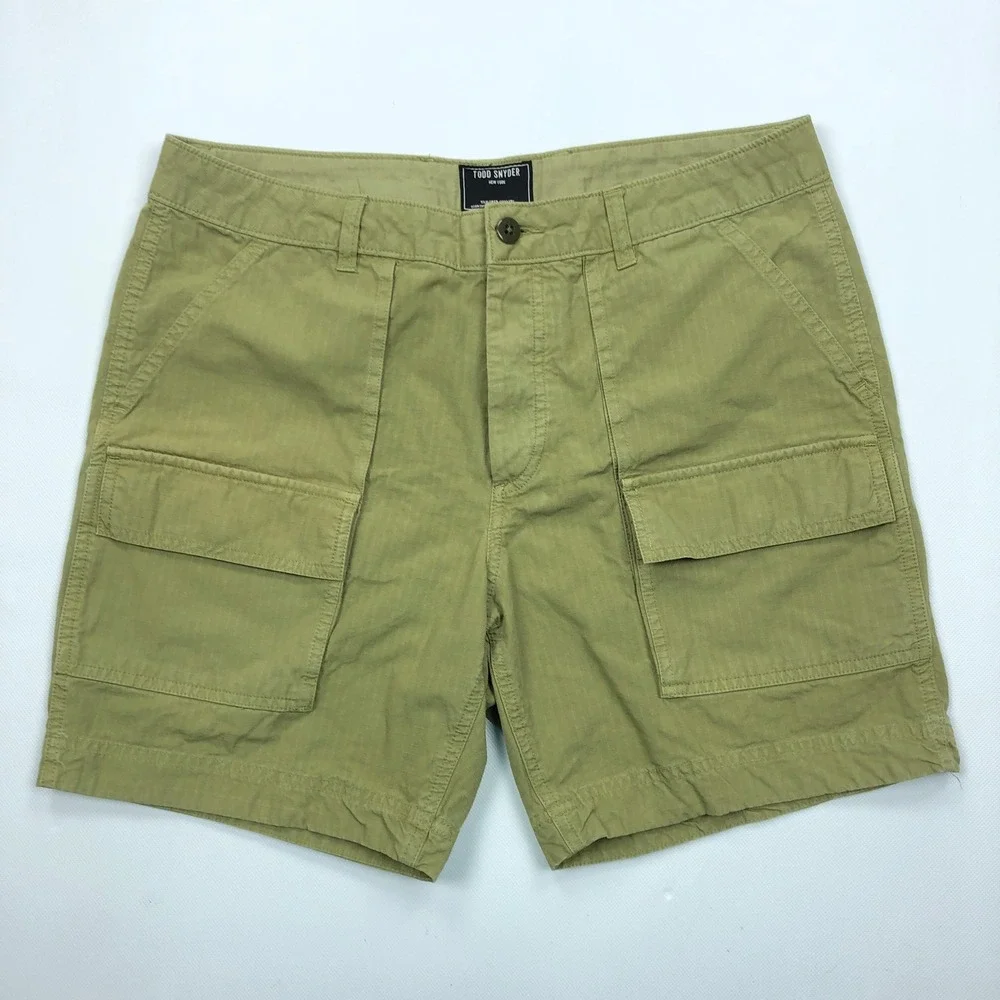 Todd Snyder Mens 34 Ripstop Camper Shorts Cargo Olive Green Button Fly